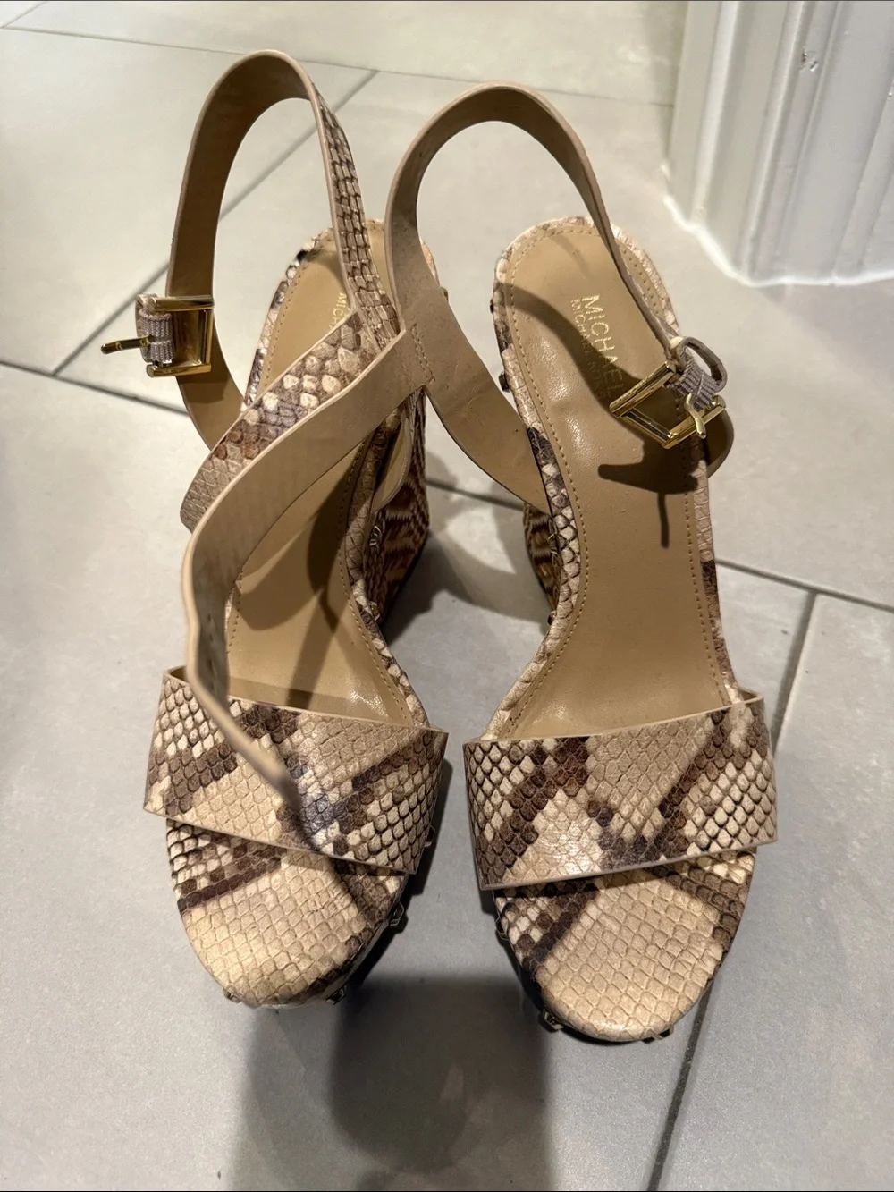 Michael Kors Snake-Print Tan Wedge Sandals